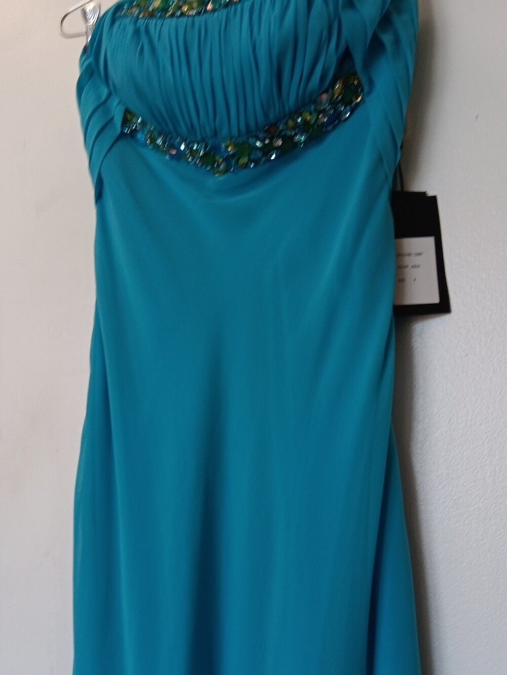 Strapless Aqua Evening Gown with Beaded Detail - Picture 7 of 13